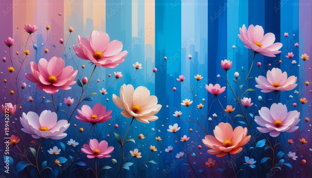 Poster colorful flowers bloom in the foreground against a vibrant, multicolored background. the background 