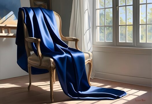 Elegant draped fabric and Chair: An antique chair is gracefully draped with a flowy blue silk fabric, bathed in natural light streaming through a window.