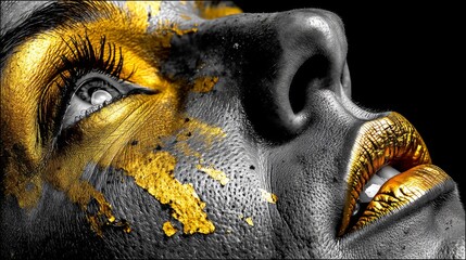Close-up of a woman's face adorned with striking gold paint and dramatic features