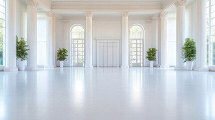 Elegant white hall with large windows and pillars