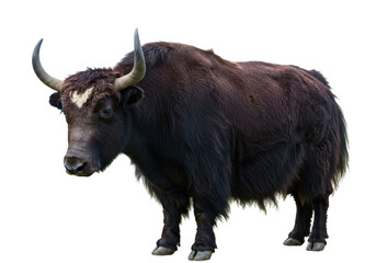 Majestic black yak standing in a serene landscape with mountains in the background