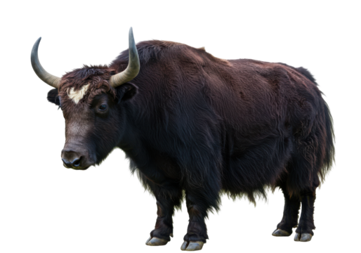 Majestic black yak standing in a serene landscape with mountains in the background