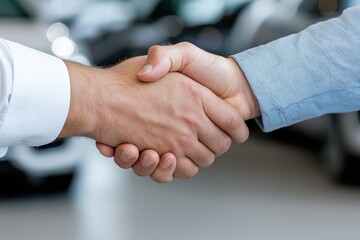 Customer excitedly shakes hands with dealership salesperson after purchasing a new car at a well-lit dealership