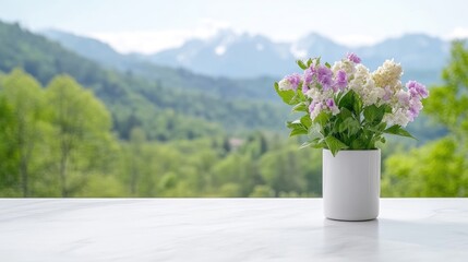 Fototapeta premium Delicate flowers in a pot, serene mountain view