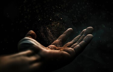 close up of open hand, dark background, dust particles floating in the air