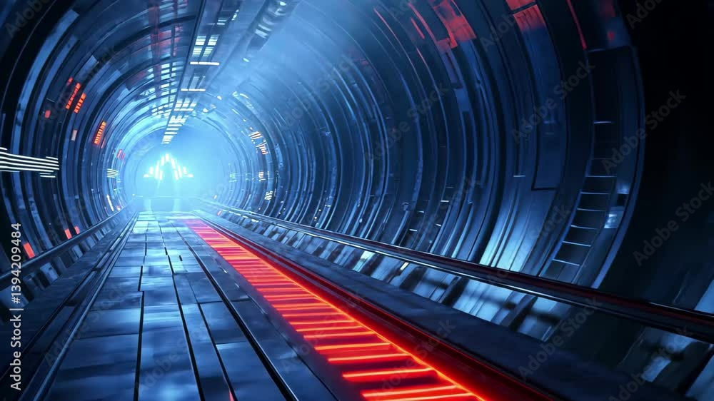 Poster exploration of a futuristic sci-fi tunnel illuminated by glowing lines and ambient light, 3d ing sci