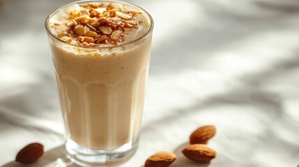 A rich, creamy milkshake blended with dates and almonds, served in a tall glass with a drizzle of honey on top, placed on a white surface with minimal shadows.