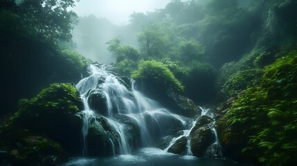 Waterfall in Lush Rainforest: A cascading waterfall plunges into a serene pool, surrounded by dense, vibrant green foliage, evoking a sense of tranquility in a vibrant, alive ecosystem.