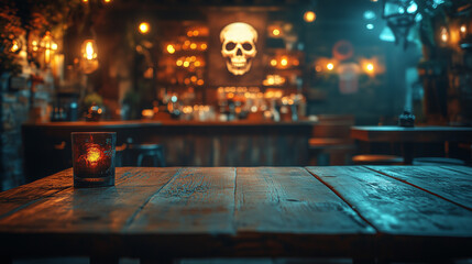 Atmospheric Bar Interior with Wooden Table, Skull Decoration, and Soft Lighting.