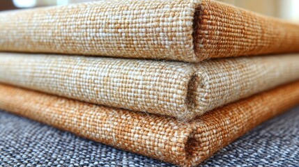 Stacked textile squares on surface, closeup. Woven texture and neutral tones. Interior shot