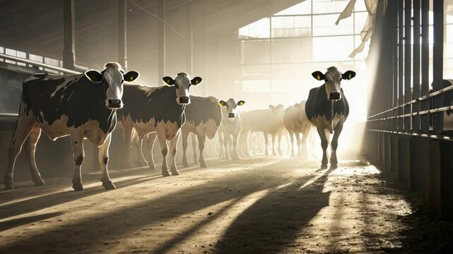 Cows in Barn: A serene scene unfolds as a herd of content cows gather inside a weathered barn, basking in the soft, sunlit glow, showcasing the quiet dignity of rural farm life.