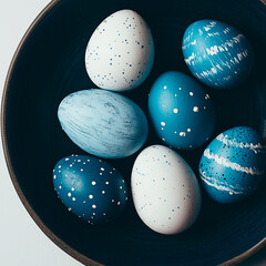 photo of painted easter eggs laid on a plate on a white background
