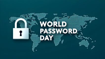 World Password Day Concept: Padlock Symbol on Global Map Emphasizing Cybersecurity, Data Protection, and Online Safety Awareness