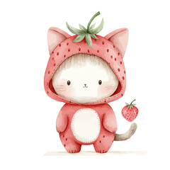Strawberry Kitty: A whimsical, adorable kitten donned in a charming strawberry costume, evoking a sense of playful cuteness. It is a delightful illustration.