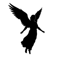 Fototapeta premium Angel silhouette gracefully flying against a white background 