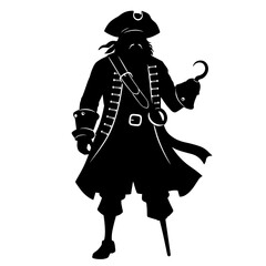 Pirate silhouette holding a hook against a plain background  