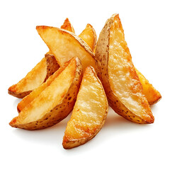 Golden and crispy potato wedges with a perfectly fried exterior and tender inside, isolated white background, modern art style