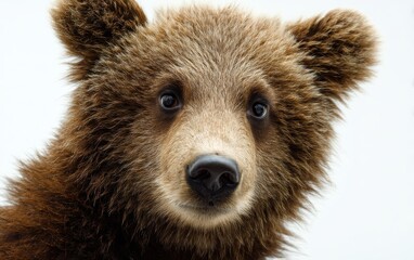 Obraz premium A close-up portrait of a brown bear cub looking curious, pure white background