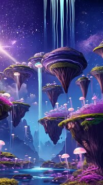 Floating islands with luminescent mushrooms under a starry sky in a surreal landscape
