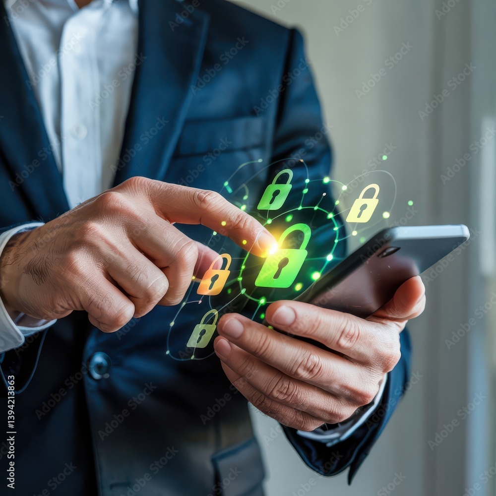 Poster digital security solution businessman managing encryption on mobile device