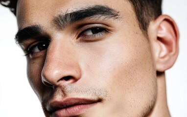 Fototapeta premium A close-up portrait of a confident young man with dark eyebrows and sharp jawline, pure white background