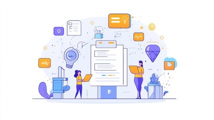 Illustration of Team Working with Data and Analytics on Modern Digital Interface Concept