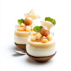 Fototapeta premium A chilled coconut and lychee panna cotta served in glass jars