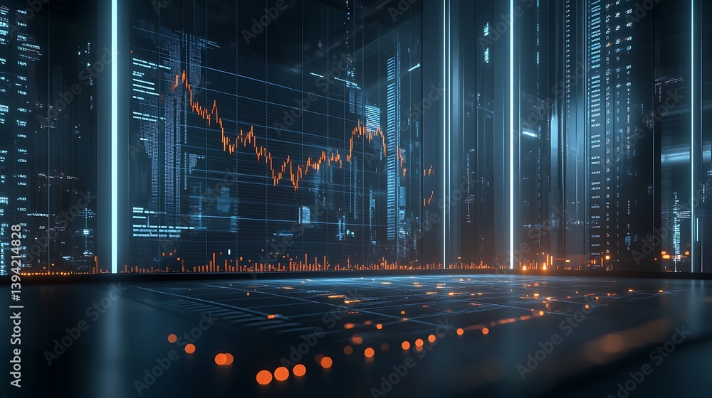 Poster futuristic data visualization of financial market trends. dynamic graphs and code overlay cityscape