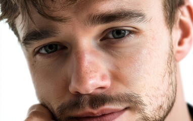 Obraz premium A close-up portrait of a thoughtful young man with intense gaze, pure white background