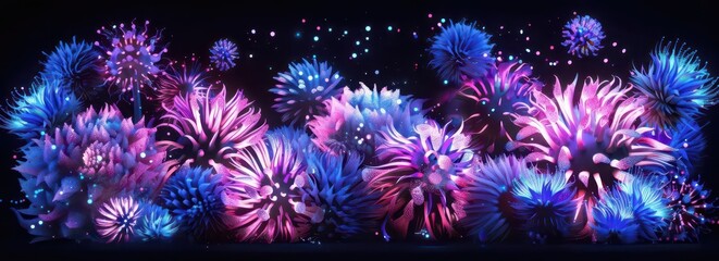 Fototapeta premium A vibrant display of colorful, abstract floral-like shapes against a dark background.