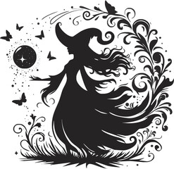 Mystical Witch's Silhouette: A bewitching silhouette of a witch, elegantly posed amidst a swirling display of celestial and floral elements, including a captivating moon, delicate butterflies.