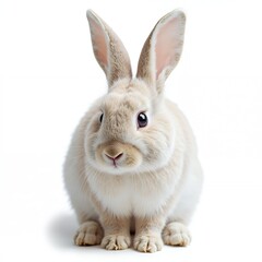 Obraz premium Rabbit sitting calmn, against a solid pure white background, realistic rabbit on white background