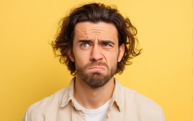 Obraz premium A man with skeptical look, raised eyebrow, pastel yellow background