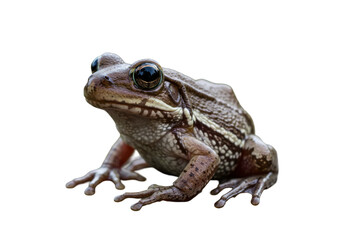 Close-up of a brown frog perched on a rock against a blurred green background
