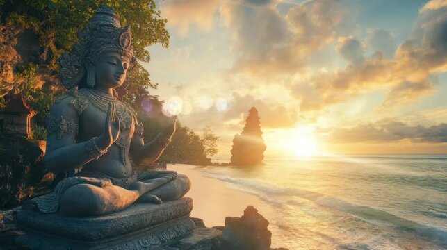 a very beautiful statue of a Balinese Hindu god located on the beach. seamless looping time-lapse virtual 4k video Animation Background.	

