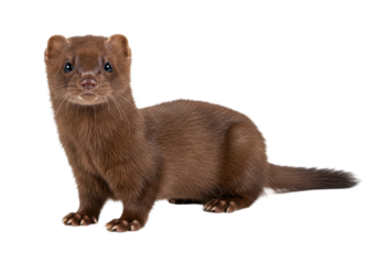 The sleek-furred marten stands on a white surface, its sharp eyes and inquisitive stance on full display