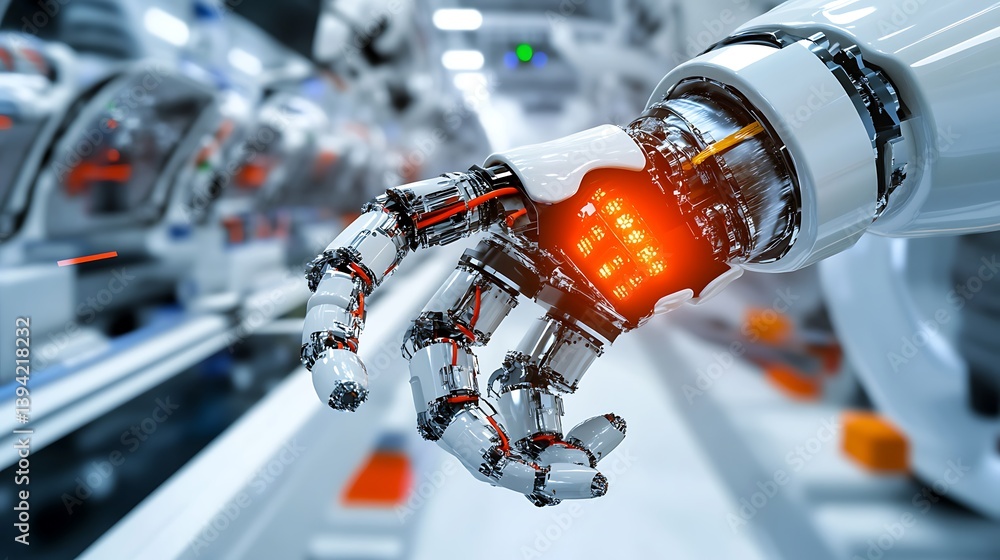 Poster advanced robotic arm in a high-tech factory setting. detailed close-up view of the hand