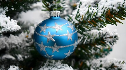 Blue Christmas Ornament with Silver Stars on Snowy Tree