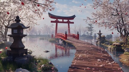Serene japanese themed landscape  cherry blossoms, torii gates, and koi fish for rpg game setting