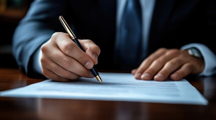  A close-up shot of a person in a suit writing with a pen on official document, depicting the decisive action of signing a contract or agreement, and symbolizing commitment, Signature of Commitment
