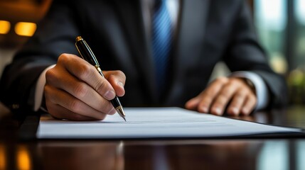 Signing the Deal: A sharp view of a professional, elegantly dressed in a tailored suit, meticulously inking a document with a sleek pen, signifying commitment and precision in business.