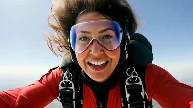Young   woman skydiving with a backpack, embracing exhilaration and thrill in the clear blue sky