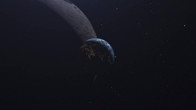 A small earth on the background of a huge moon. Camera movement. Flying past the earth