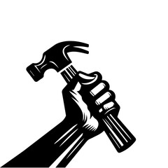 Strong Hand Gripping a Hammer - Black and White Graphic Illustration Symbolizing Construction, Repair, Manual Labor, DIY Projects, or Worker Strength, Isolated on White Background
