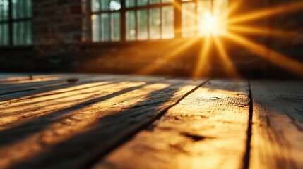 Obraz premium Warm golden rays illuminate a dusty industrial warehouse with nostalgic charm at sunset