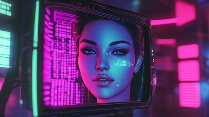 Holographic female digital assistant from vintage crt monitor with retro futuristic elements