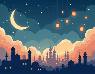 Beautiful nighttime silhouette of a mosque with a crescent moon and lanterns hanging in the starry sky over mountains