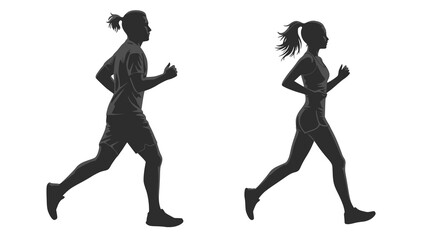 Fototapeta premium Running man and woman, isolated vector silhouettes. Run, side view. Silhouettes of athletic looking male and female runners running. Transparent PNG version.