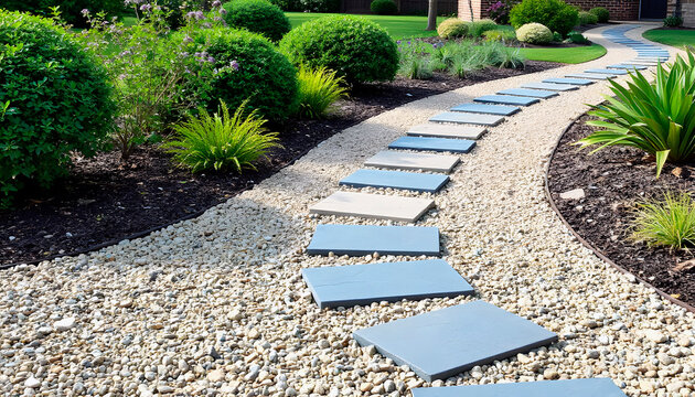 Garden pathway with stone slabs curving through landscaping  