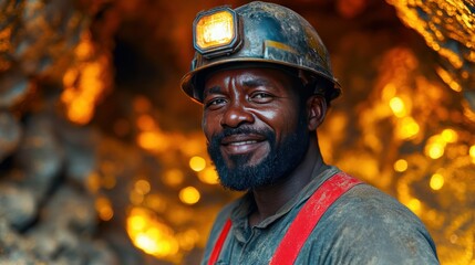 Fototapeta premium Smiling Miner in a Cave: A close-up shot of a hardworking miner, bathed in the warm glow of his helmet lamp, his face illuminated with a genuine smile, showcasing dedication.